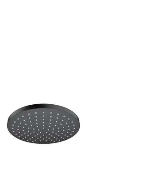 Hansgrohe Kopfbrause in mattschwarz mit runder Form und gleichmäßig verteilten Düsen für Wasserfluss. Das Design ist schlicht und funktional.